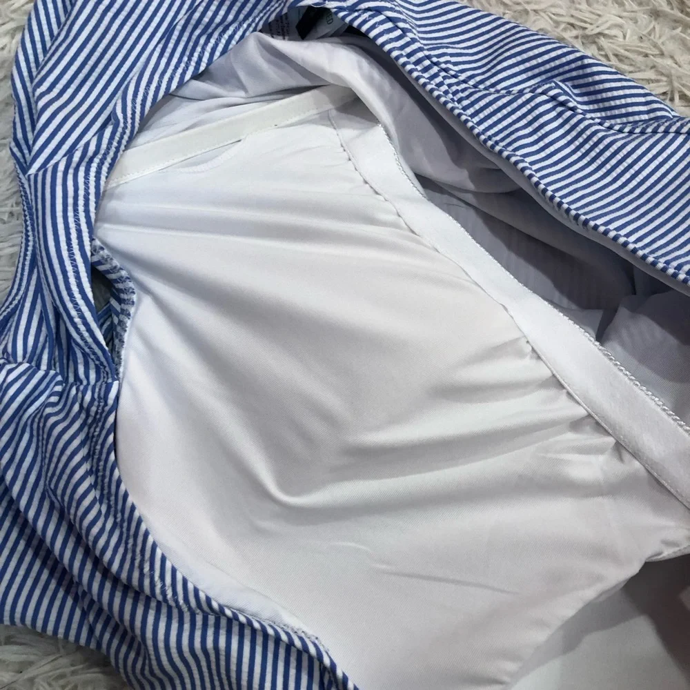J Crew Ruched‎ Seersucker One Shoulder One Piece Swimsuit Blue White Size 24